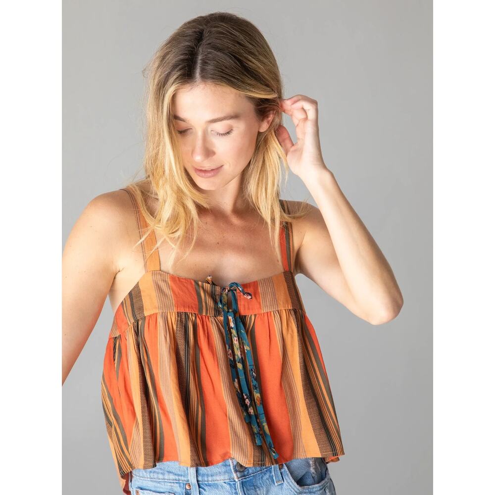 New Natural Life Womens Rust Stripes Double Front Ties Cara Top Large